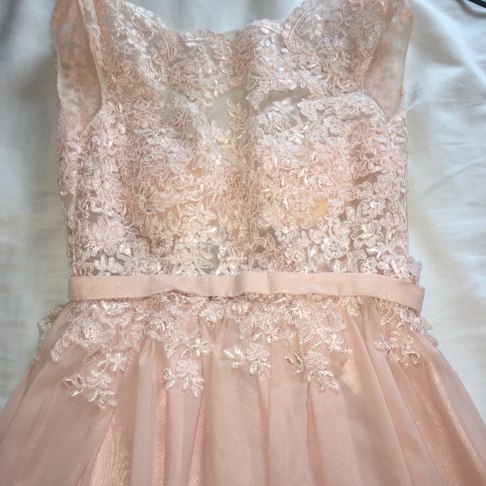 Full length pink lace prom dress